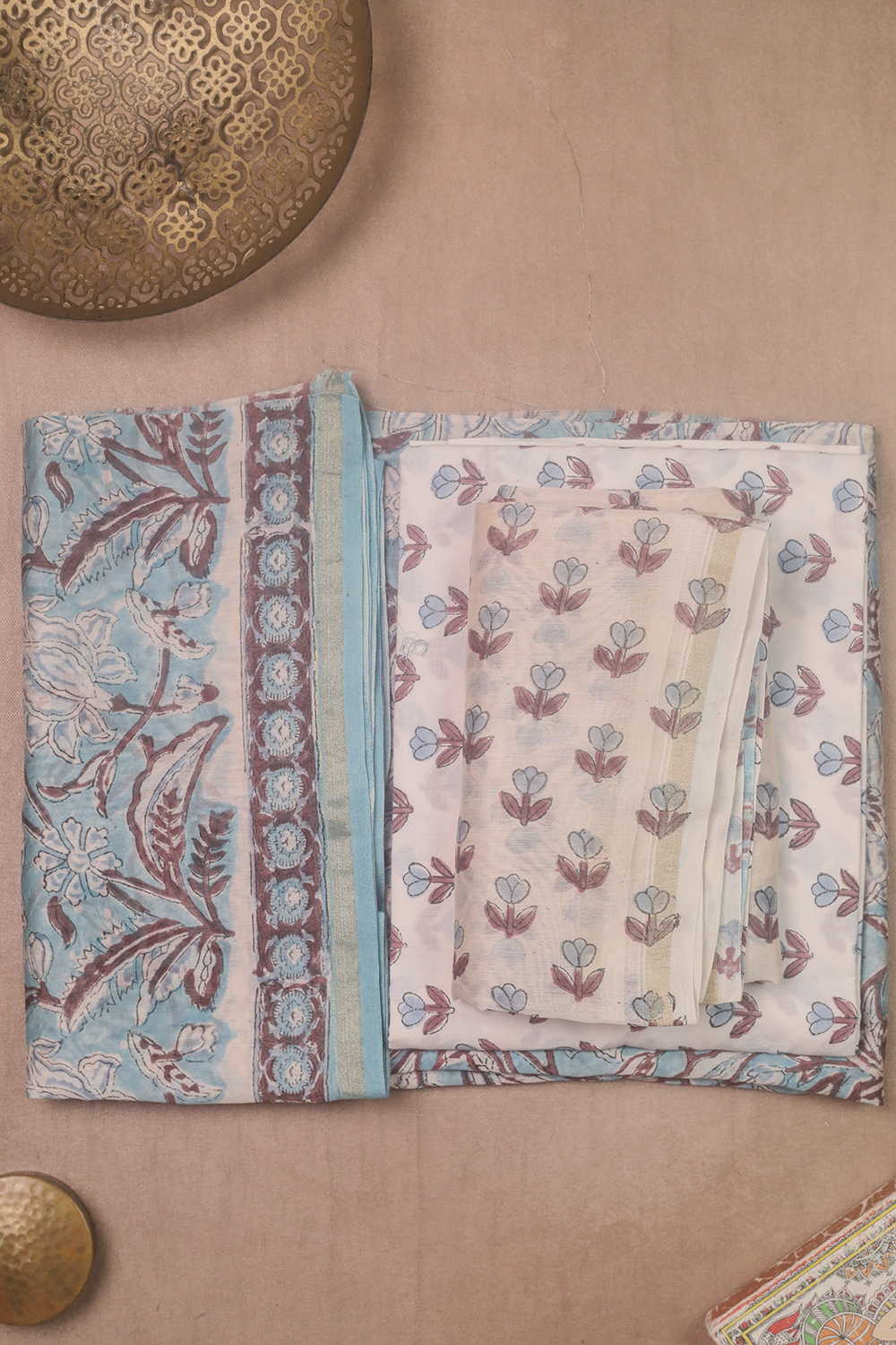 Florals on Ice Blue Block Printed Chanderi Suit