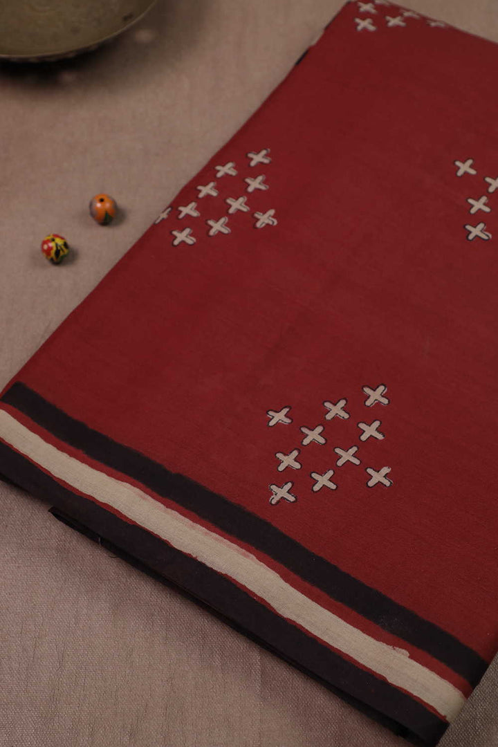 Burgundy Maroon Block Printed Mul Cotton saree