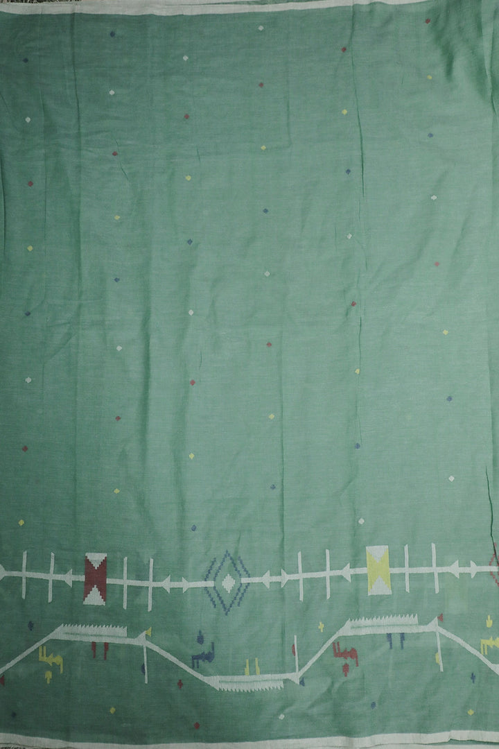 Green with Border Jamdani Cotton Fabric - 0.6m