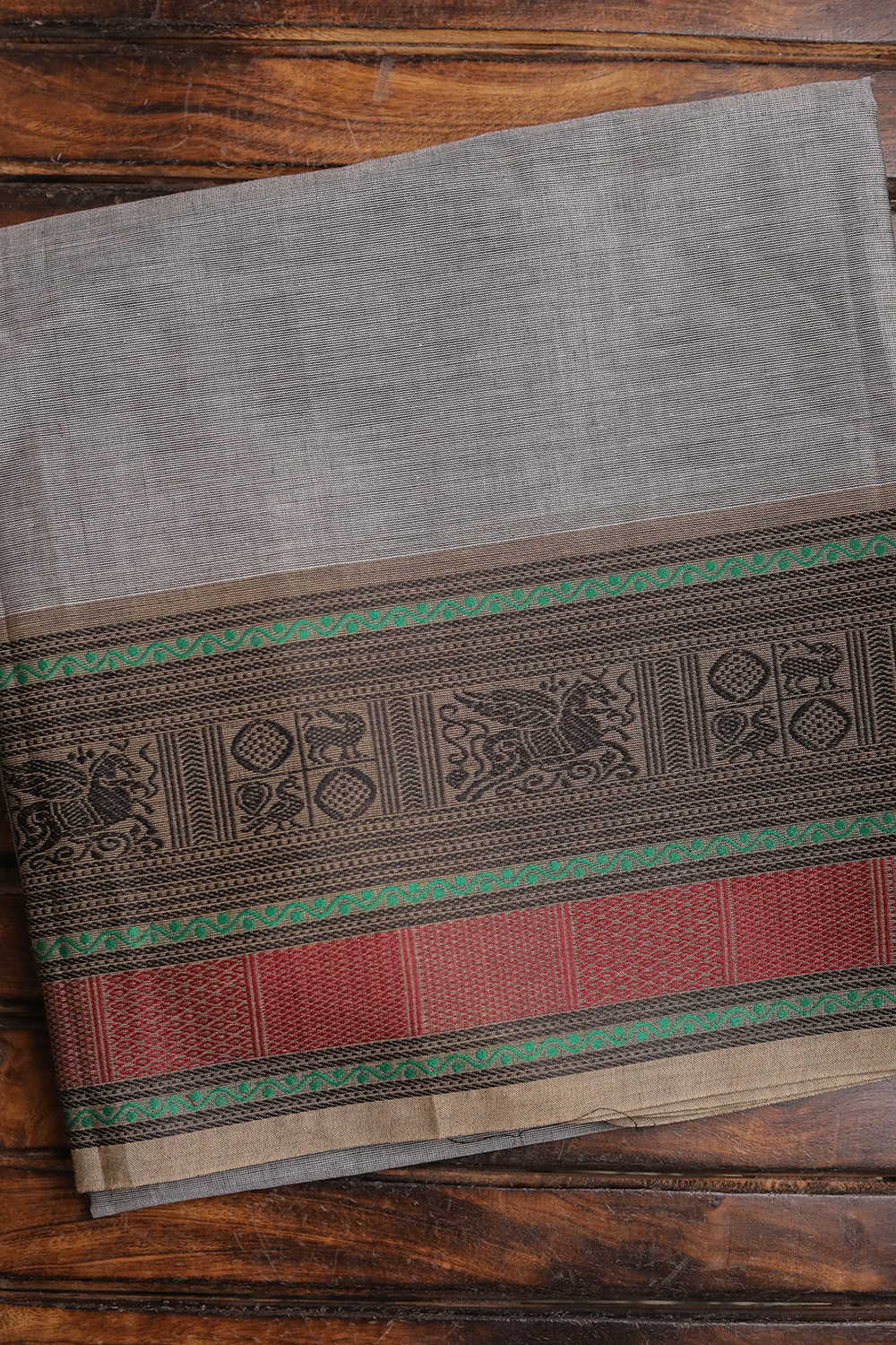 Elegant Border on Grey Kanchi Cotton Fabric-2m