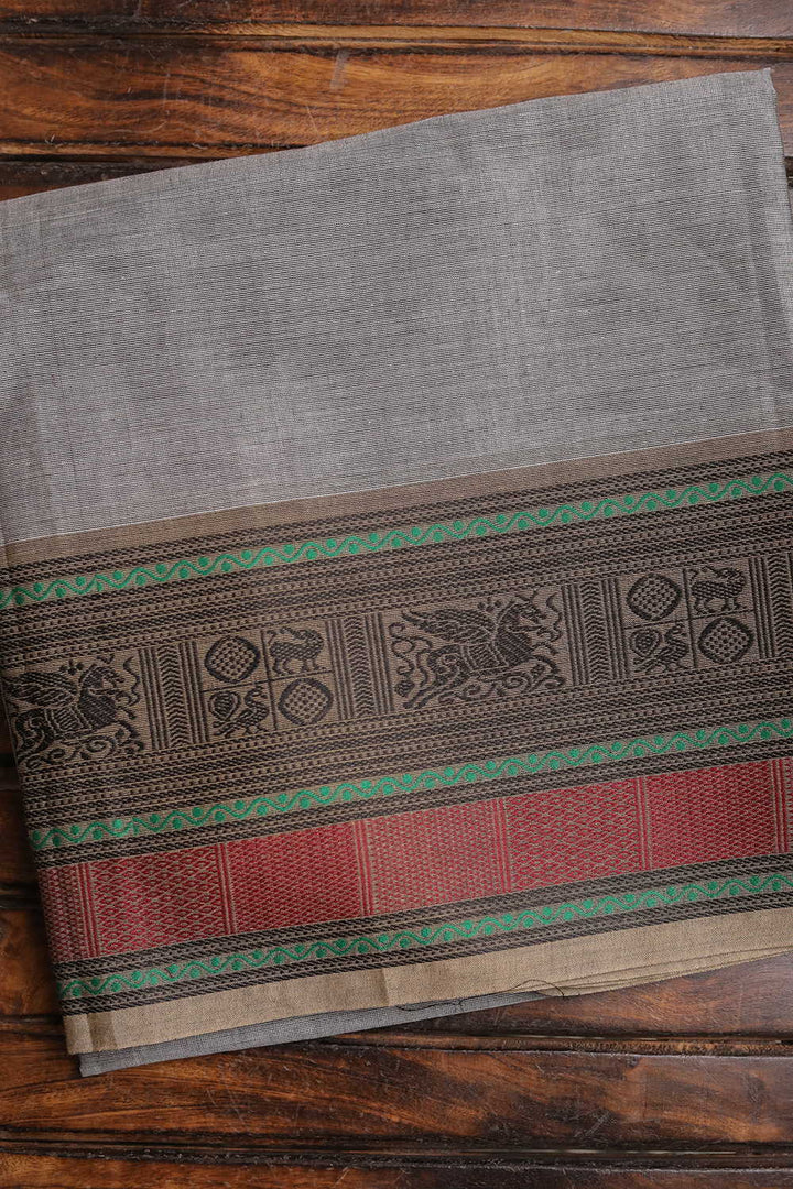 Elegant Border on Grey Kanchi Cotton Fabric-2m