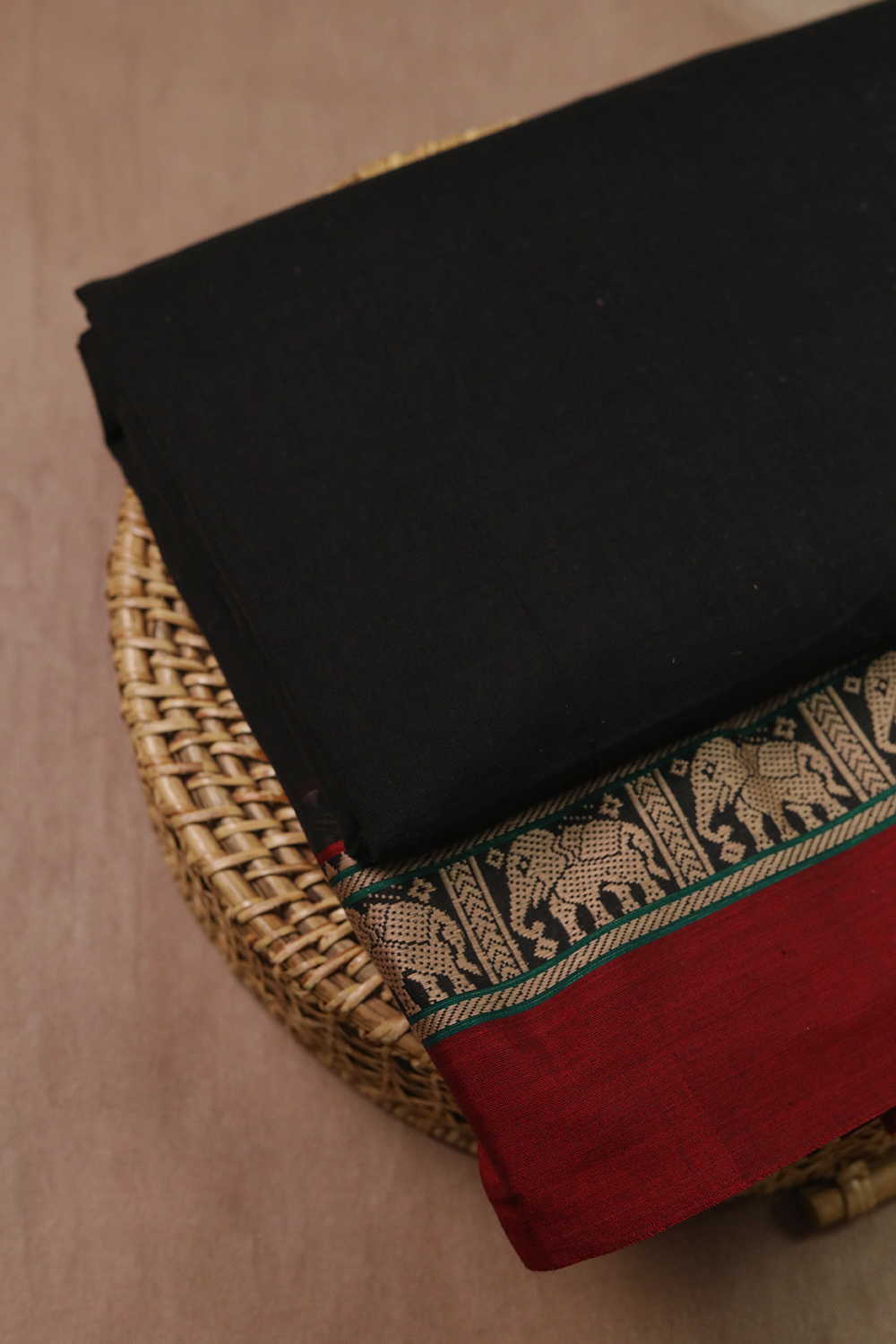 Elephant Border on Black Narayanpet Cotton Fabric