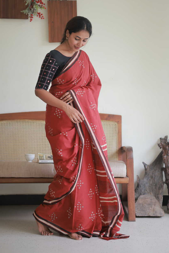 Burgundy Maroon Block Printed Mul Cotton saree