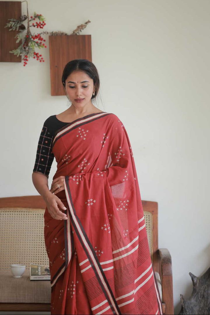 Burgundy Maroon Block Printed Mul Cotton saree