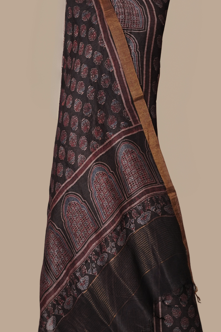 Buttas on Black Ajrak Linen Top & Dupatta