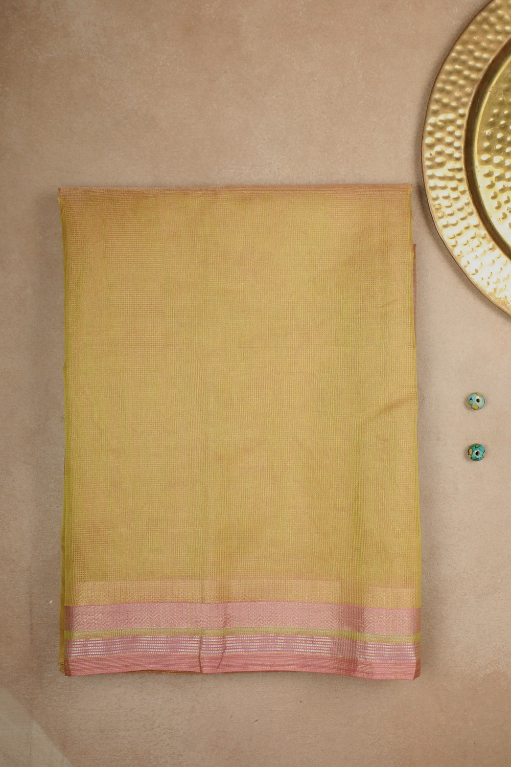 Glittery Yellow with Pink Tissue Maheshwari Silk Cotton Saree