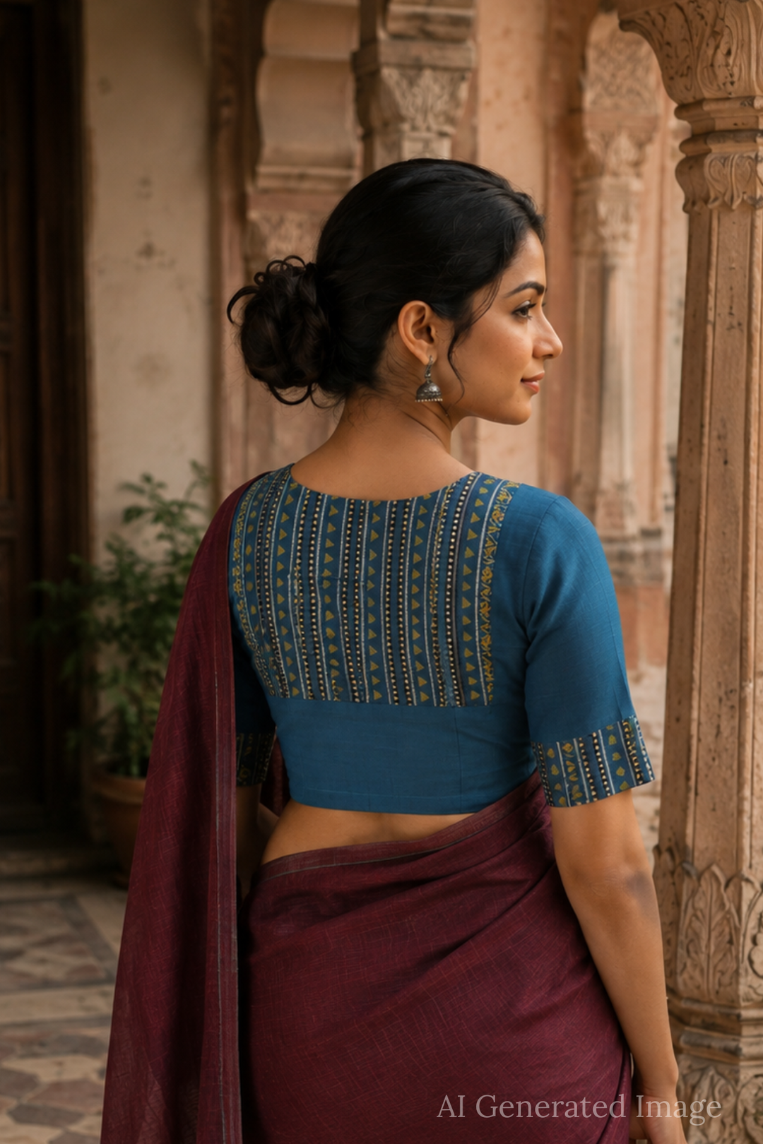 Shruti - Peacock Blue Ajrak Mangalagiri Blouse - 32,34,36,38,40,42