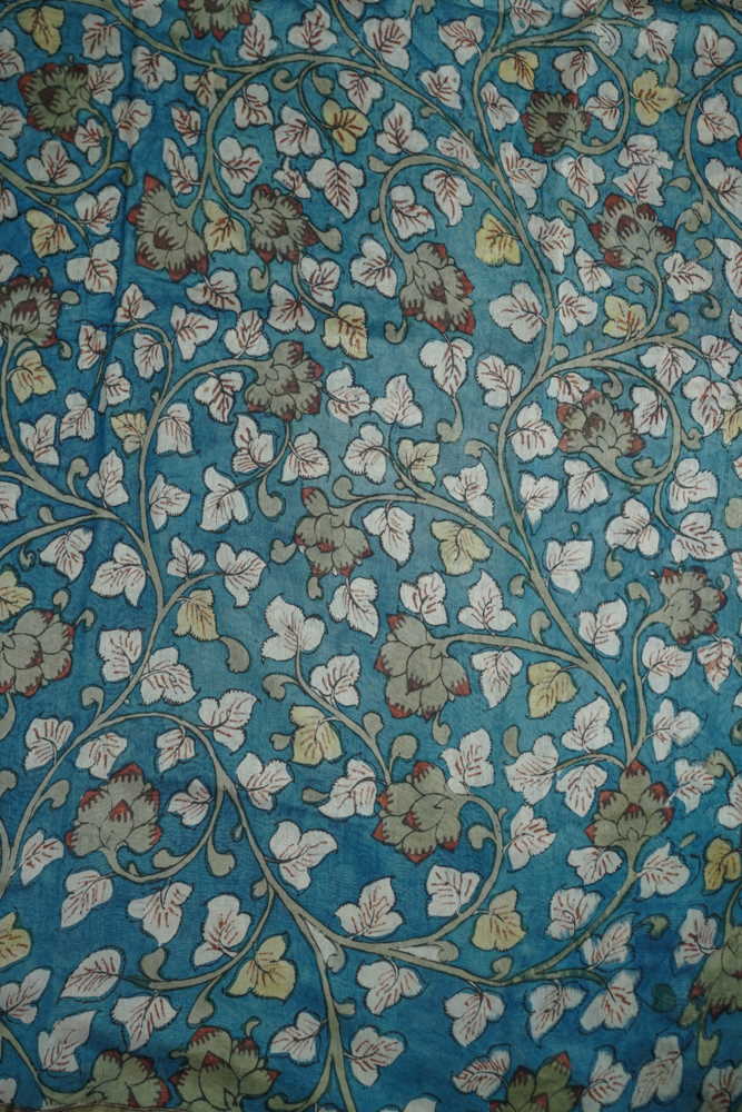 Florals on Blue Painted kalamkari Chanderi Fabric - 2m
