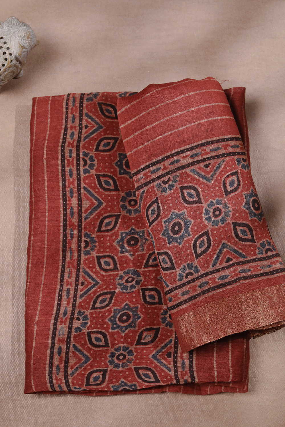 Cream Lines on Maroon Ajrak Linen Top & Dupatta
