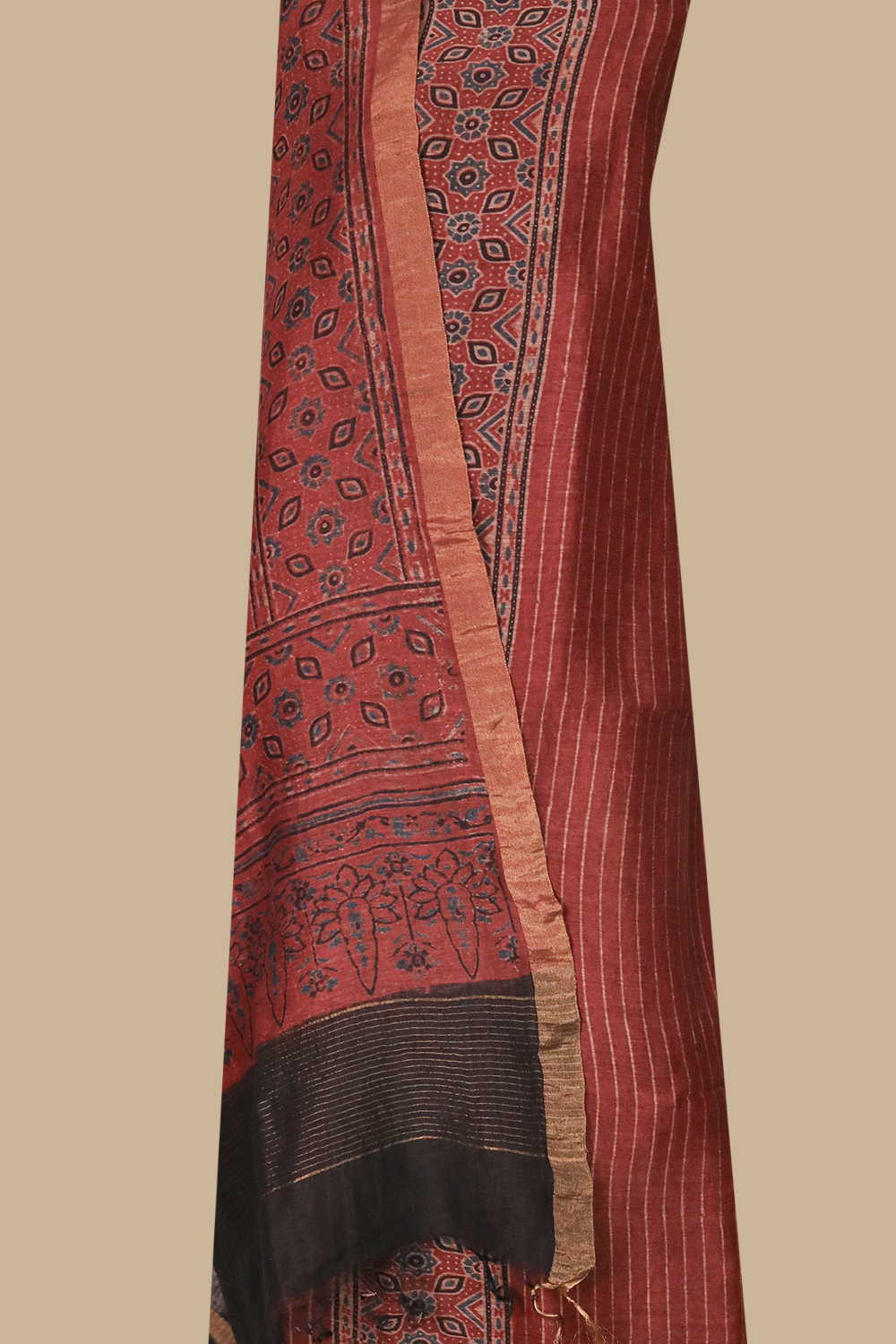Cream Lines on Maroon Ajrak Linen Top & Dupatta