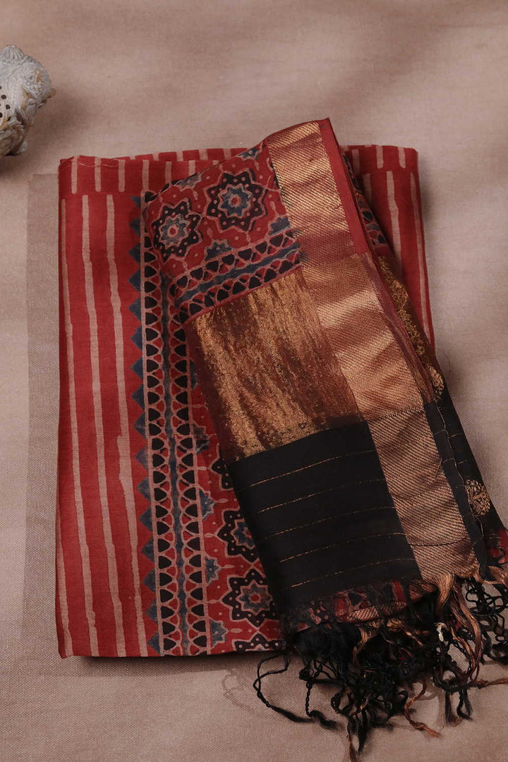 Cream Stripes on Maroon Ajrak Chanderi Silk Cotton Top & Dupatta