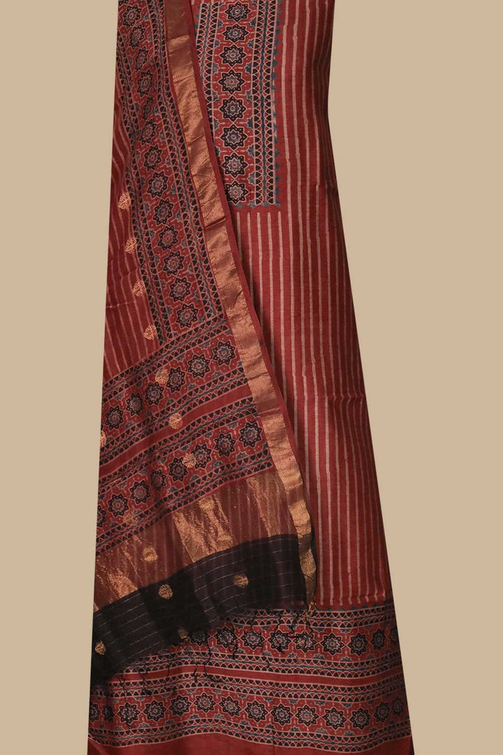 Cream Stripes on Maroon Ajrak Chanderi Silk Cotton Top & Dupatta