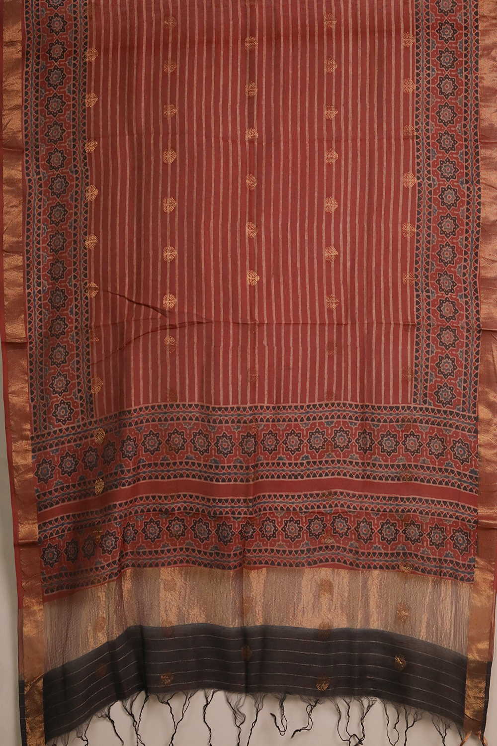 Cream Stripes on Maroon Ajrak Chanderi Silk Cotton Top & Dupatta