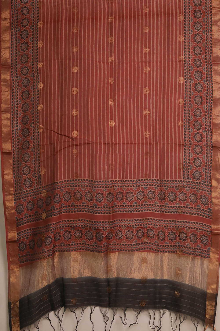Cream Stripes on Maroon Ajrak Chanderi Silk Cotton Top & Dupatta