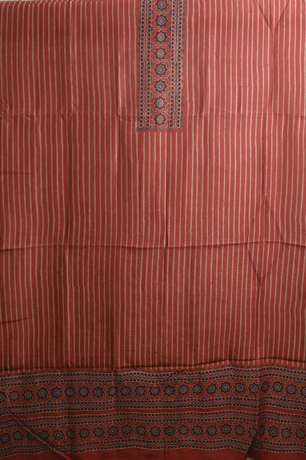 Cream Stripes on Maroon Ajrak Chanderi Silk Cotton Top & Dupatta