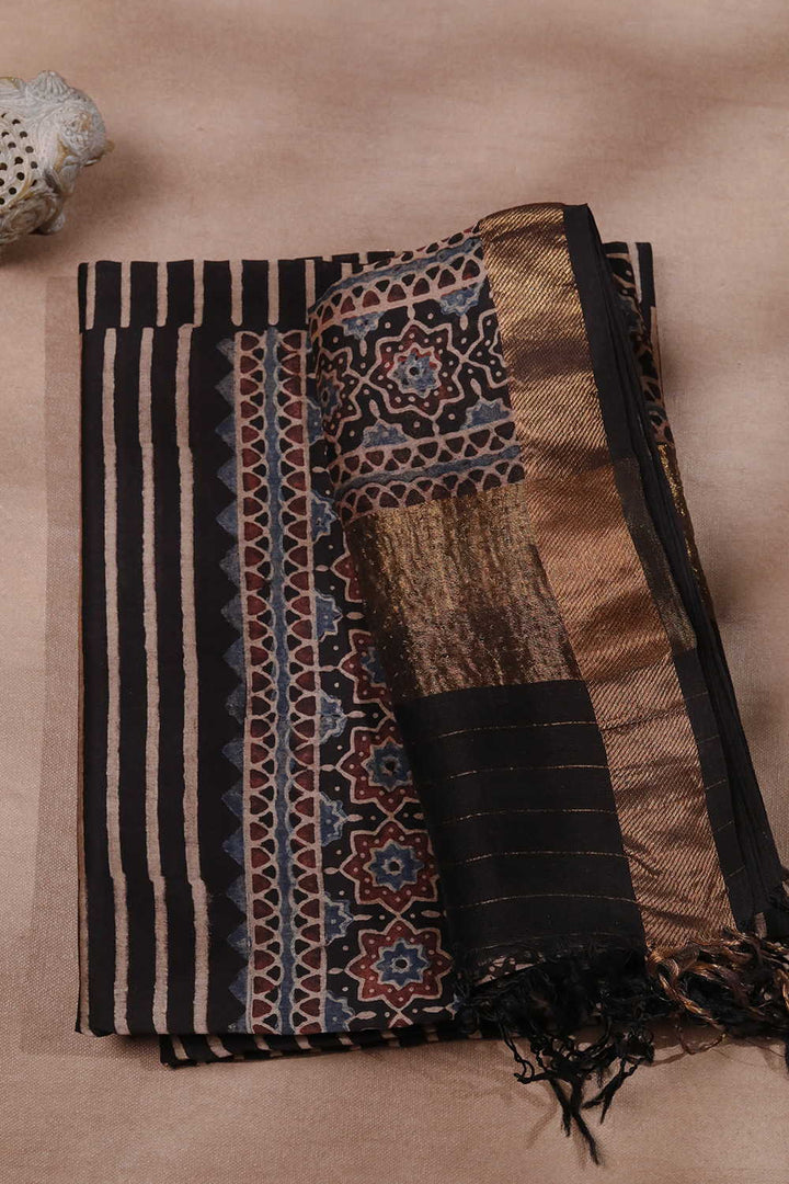 Cream Stripes on Black Ajrak Chanderi Silk Cotton Top & Dupatta