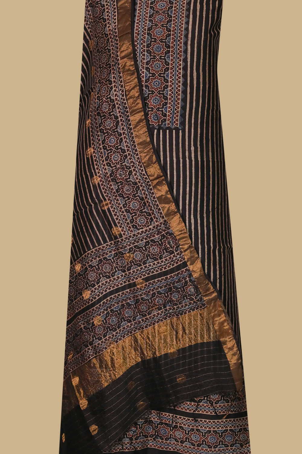 Cream Stripes on Black Ajrak Chanderi Silk Cotton Top & Dupatta