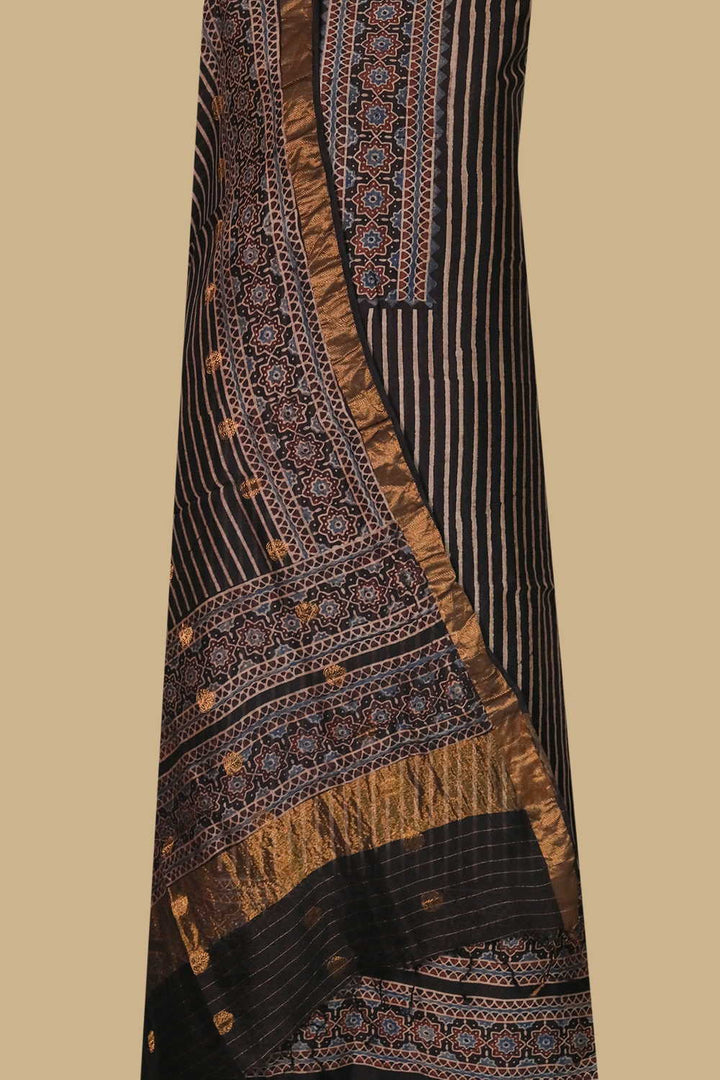Cream Stripes on Black Ajrak Chanderi Silk Cotton Top & Dupatta