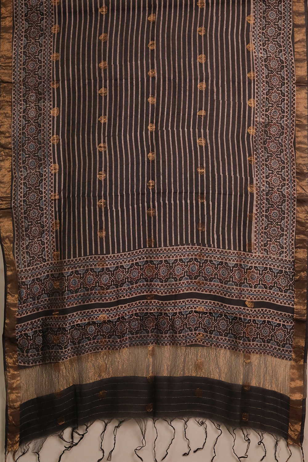 Cream Stripes on Black Ajrak Chanderi Silk Cotton Top & Dupatta