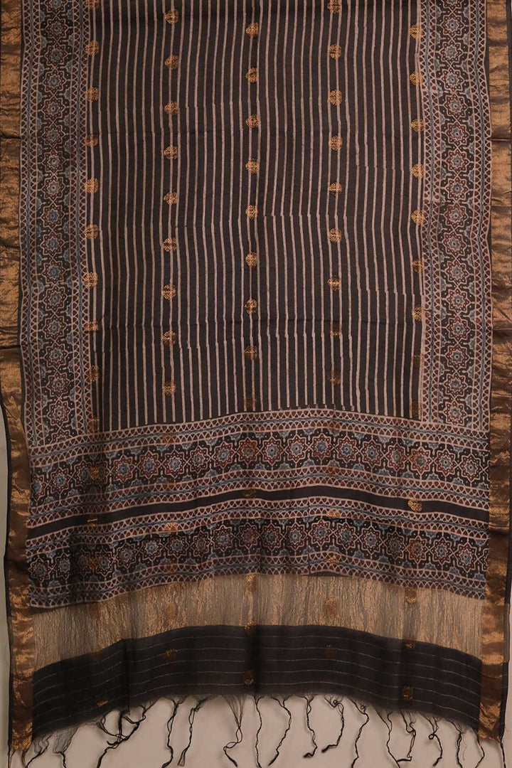 Cream Stripes on Black Ajrak Chanderi Silk Cotton Top & Dupatta