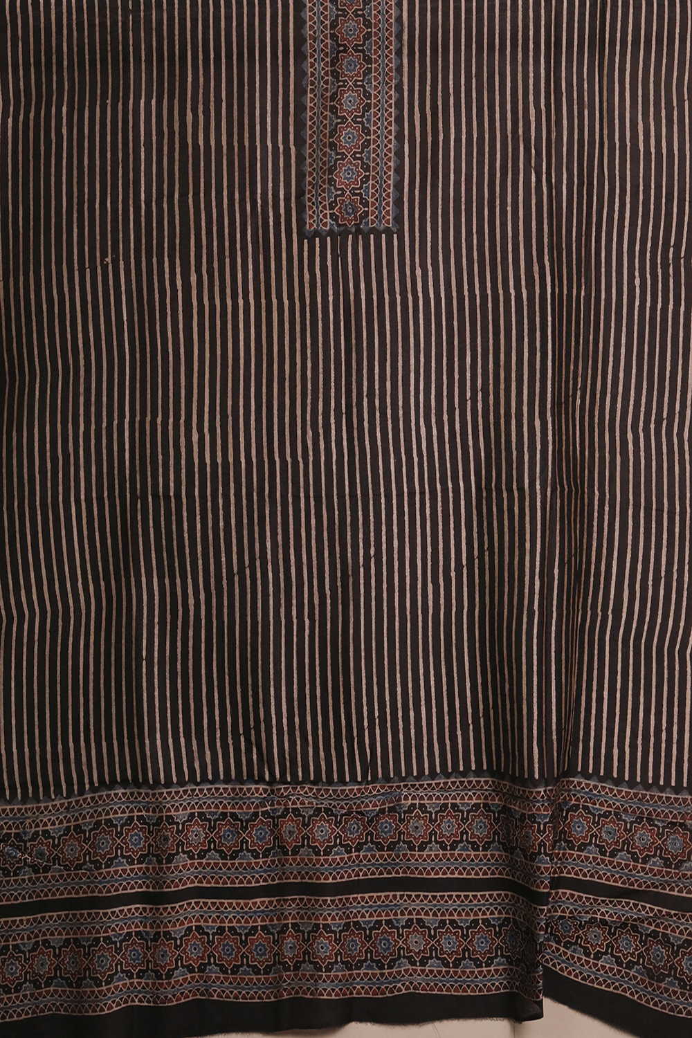 Cream Stripes on Black Ajrak Chanderi Silk Cotton Top & Dupatta