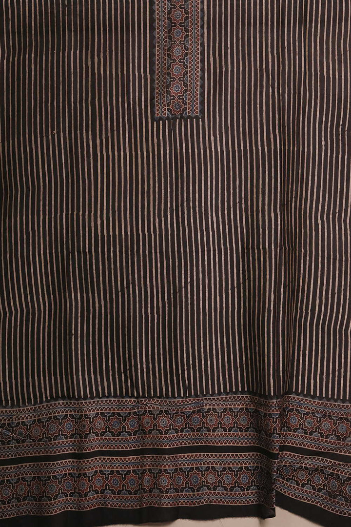 Cream Stripes on Black Ajrak Chanderi Silk Cotton Top & Dupatta