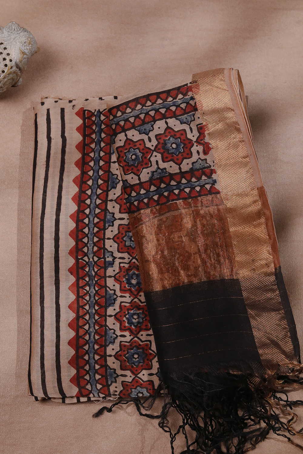 Black Stripes on Cream Ajrak Chanderi Silk Cotton Top & Dupatta