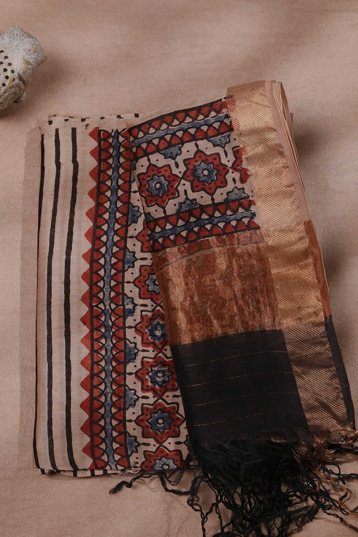 Black Stripes on Cream Ajrak Chanderi Silk Cotton Top & Dupatta