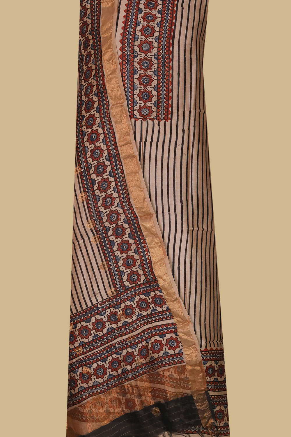 Black Stripes on Cream Ajrak Chanderi Silk Cotton Top & Dupatta