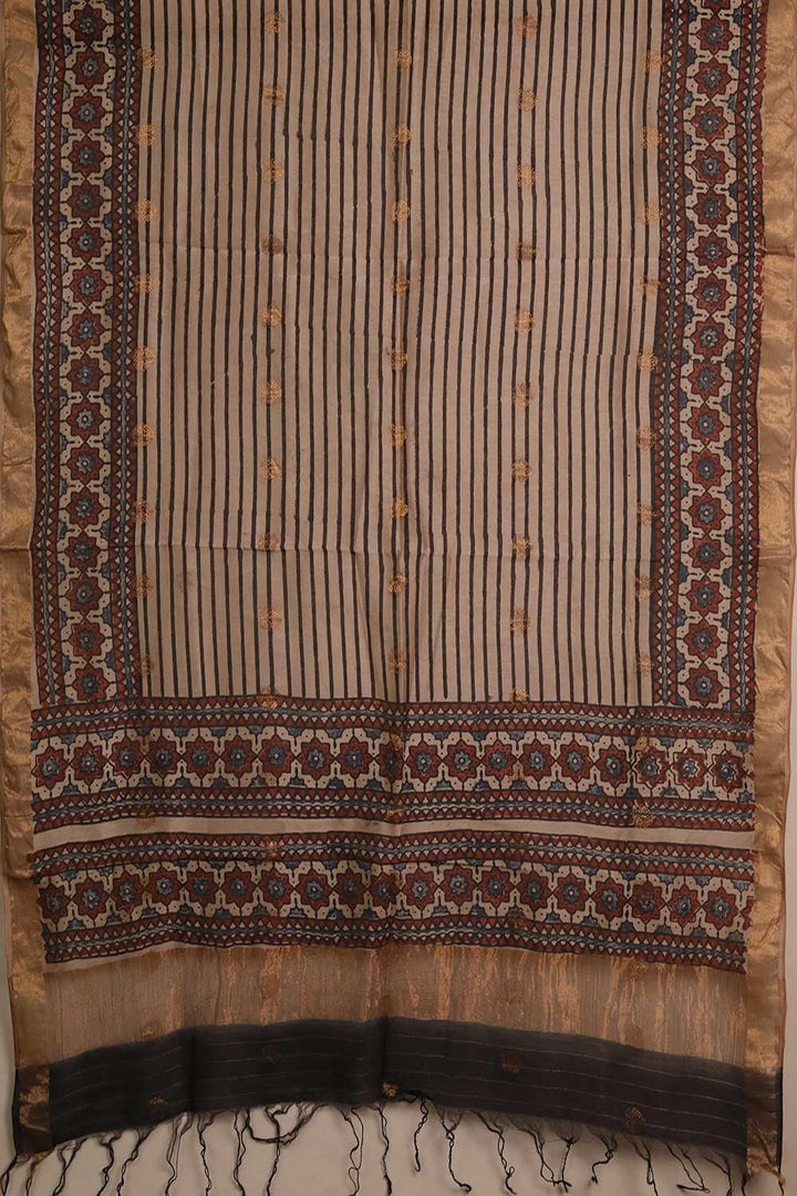 Black Stripes on Cream Ajrak Chanderi Silk Cotton Top & Dupatta