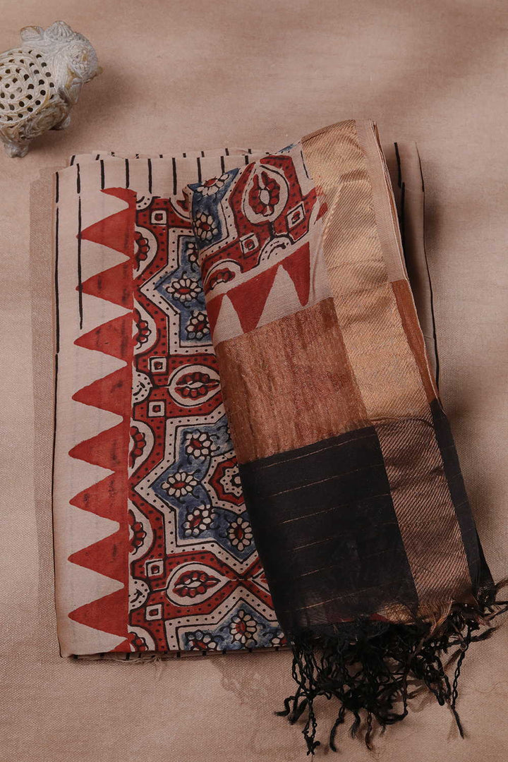 Black Lines on Cream Ajrak Chanderi Silk Cotton Top & Dupatta