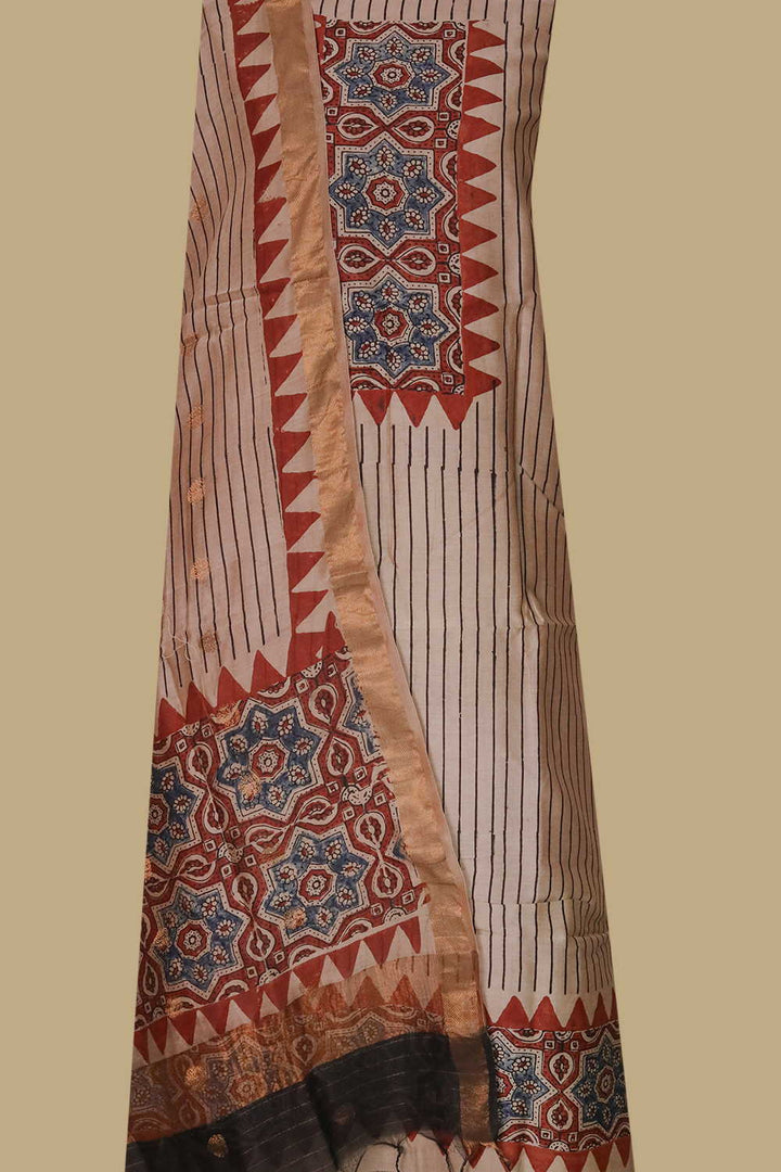 Black Lines on Cream Ajrak Chanderi Silk Cotton Top & Dupatta