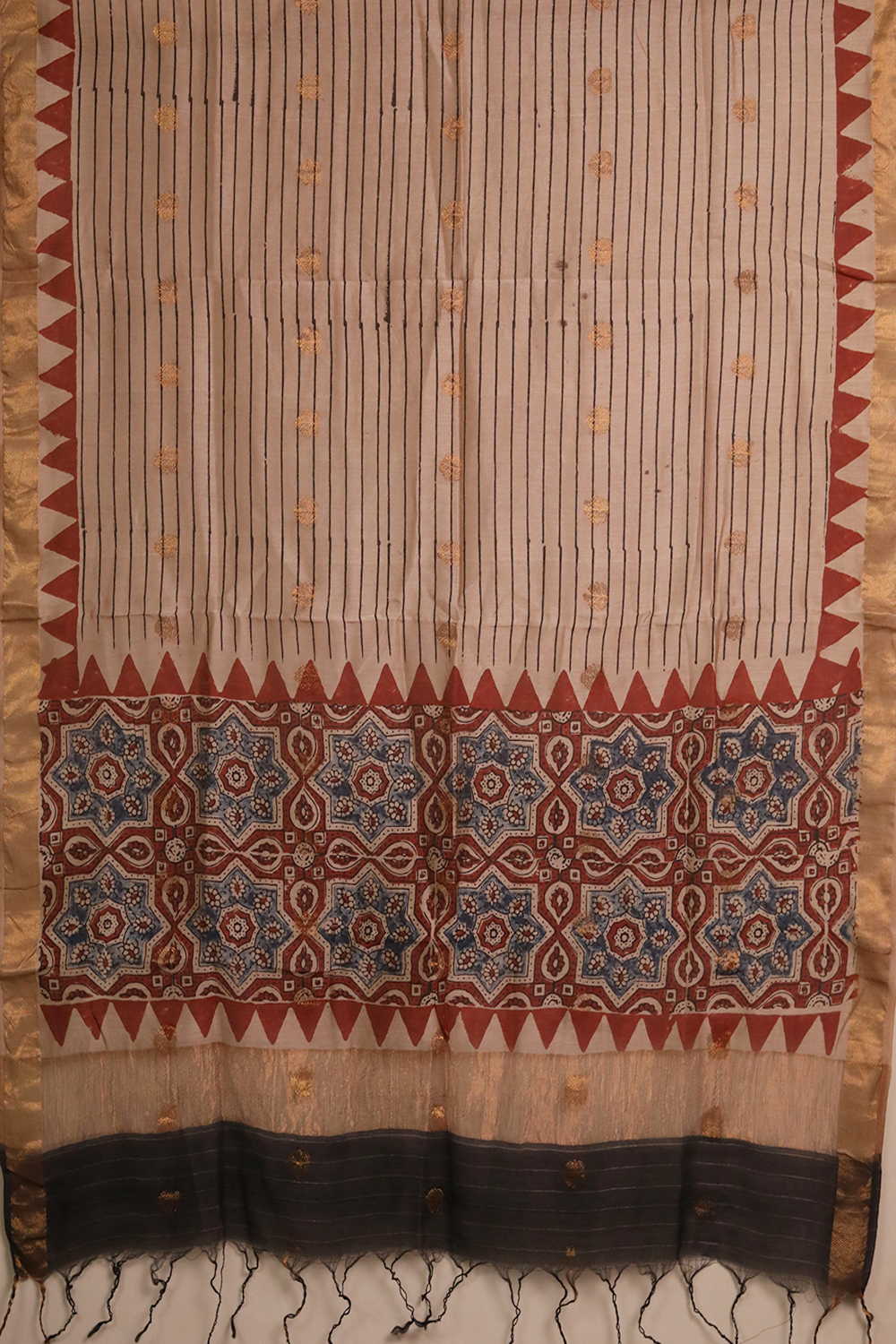 Black Lines on Cream Ajrak Chanderi Silk Cotton Top & Dupatta