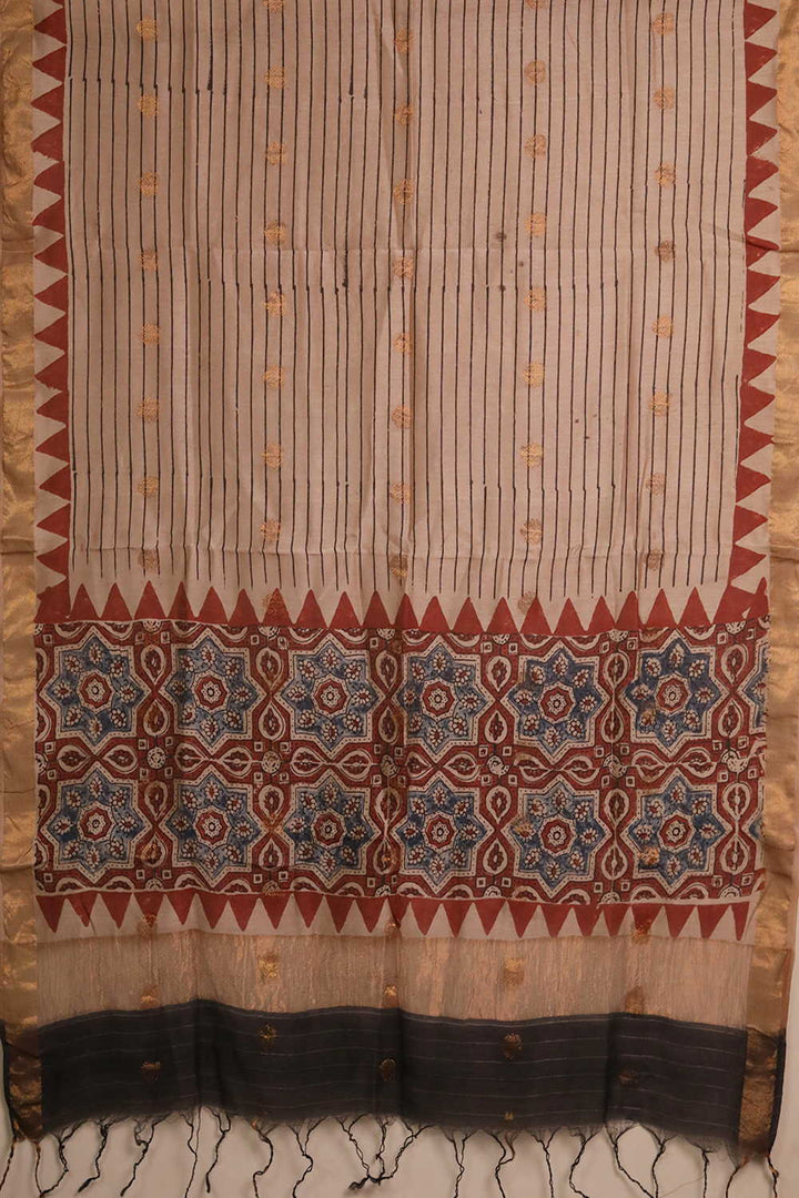 Black Lines on Cream Ajrak Chanderi Silk Cotton Top & Dupatta