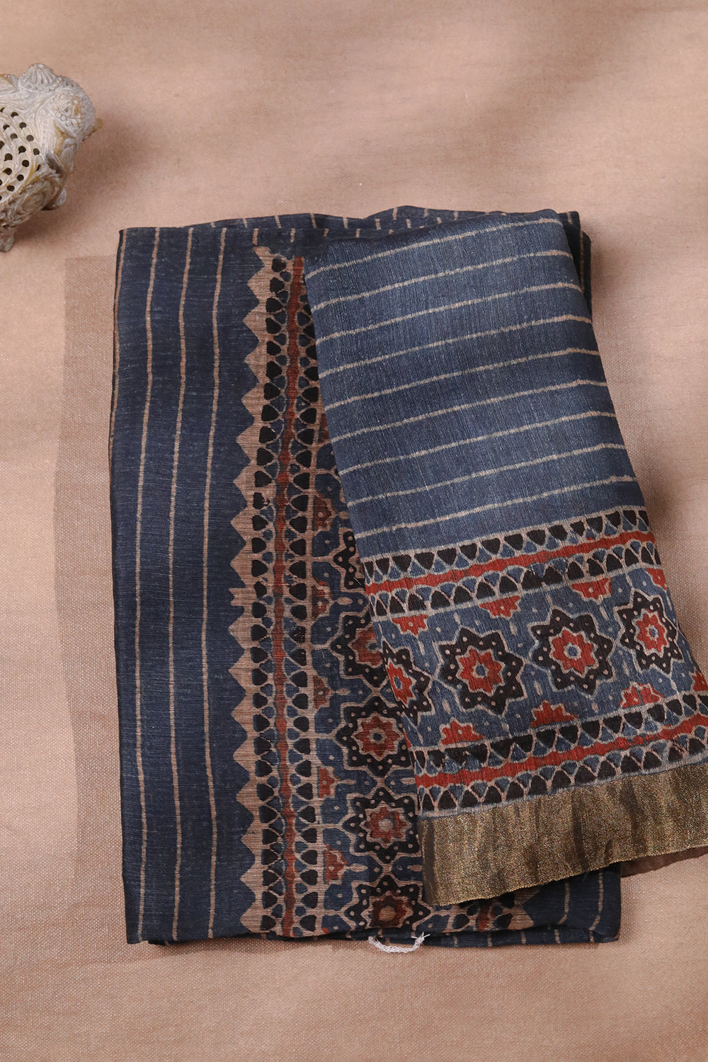 Lines on Indigo Ajrak Linen Top & Dupatta