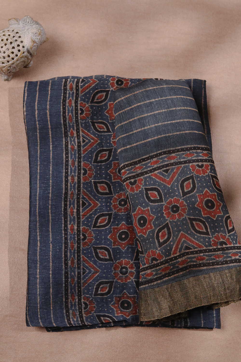 Cream Lines on Indigo Ajrak Linen Top & Dupatta