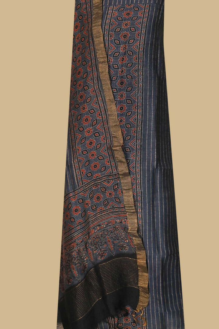 Cream Lines on Indigo Ajrak Linen Top & Dupatta
