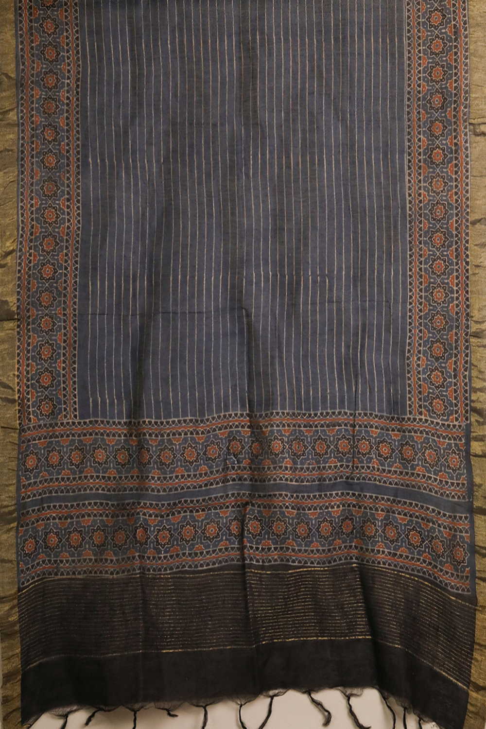 Lines on Indigo Ajrak Linen Top & Dupatta
