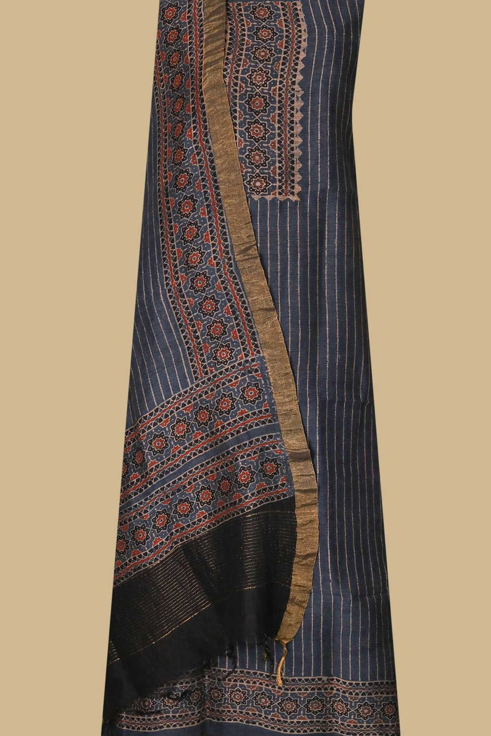 Lines on Indigo Ajrak Linen Top & Dupatta