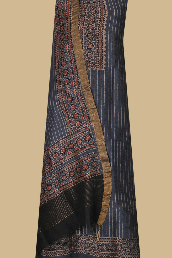 Lines on Indigo Ajrak Linen Top & Dupatta