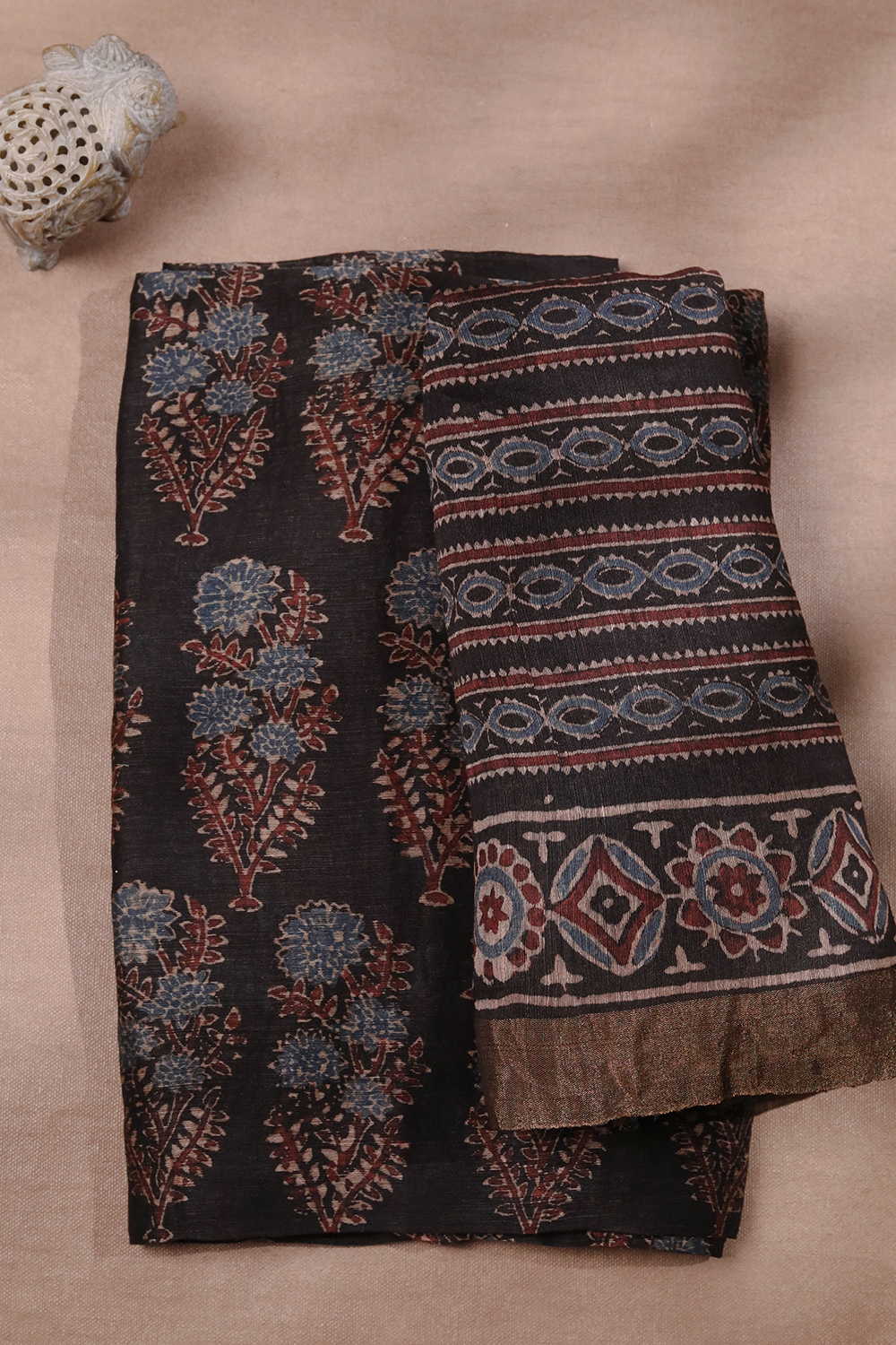 Florets on Black Ajrak Linen Top and Dupatta