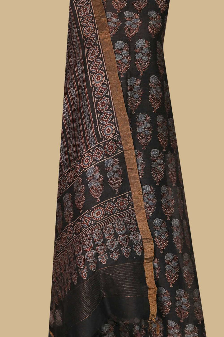 Florets on Black Ajrak Linen Top and Dupatta