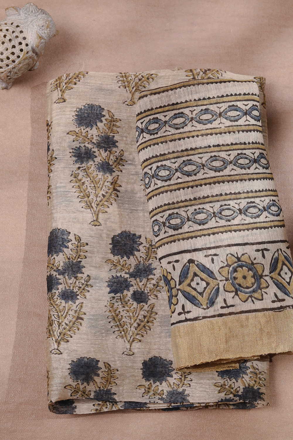Florets on Cream Ajrak Linen Top and Dupatta