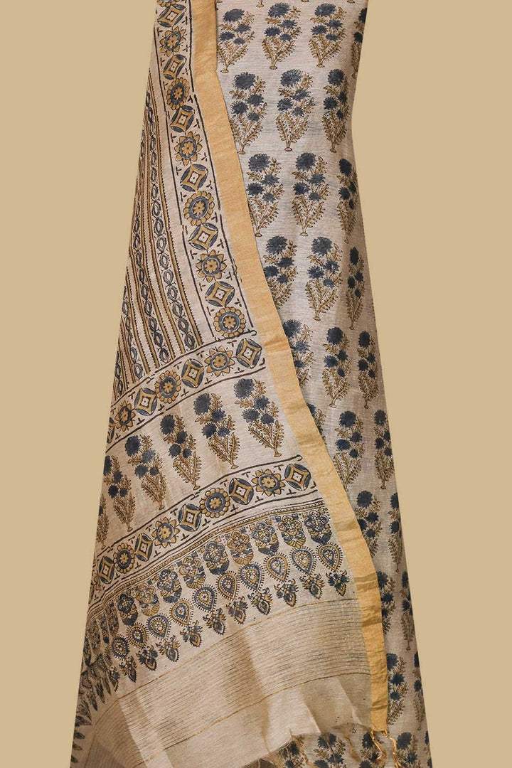 Florets on Cream Ajrak Linen Top and Dupatta