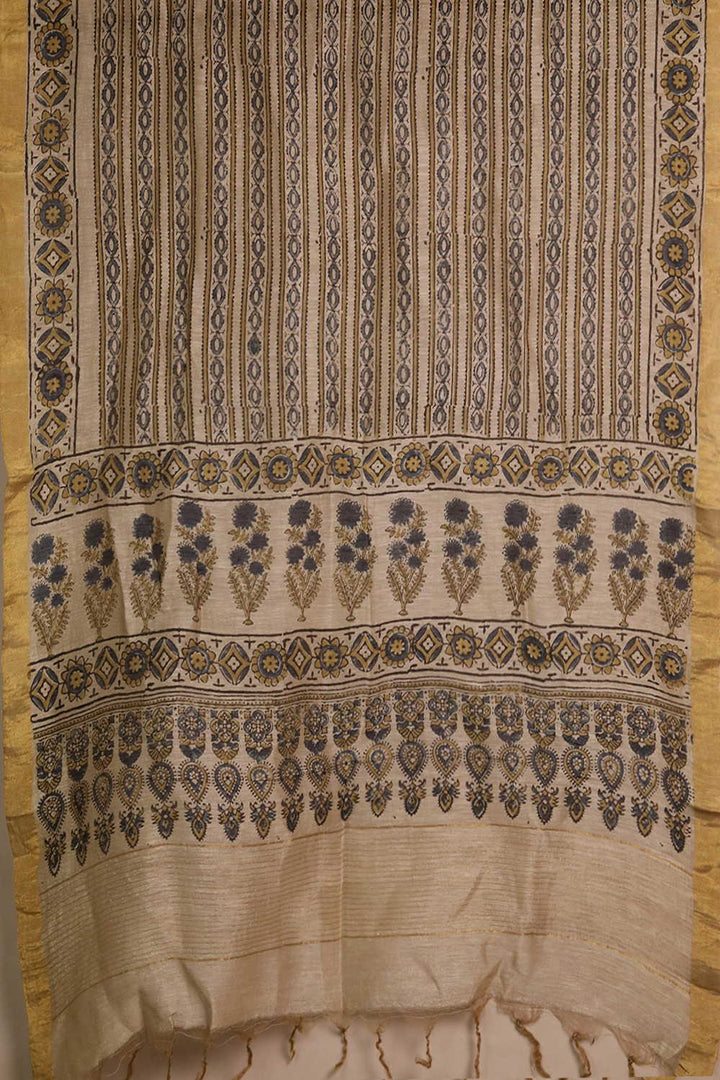 Florets on Cream Ajrak Linen Top and Dupatta