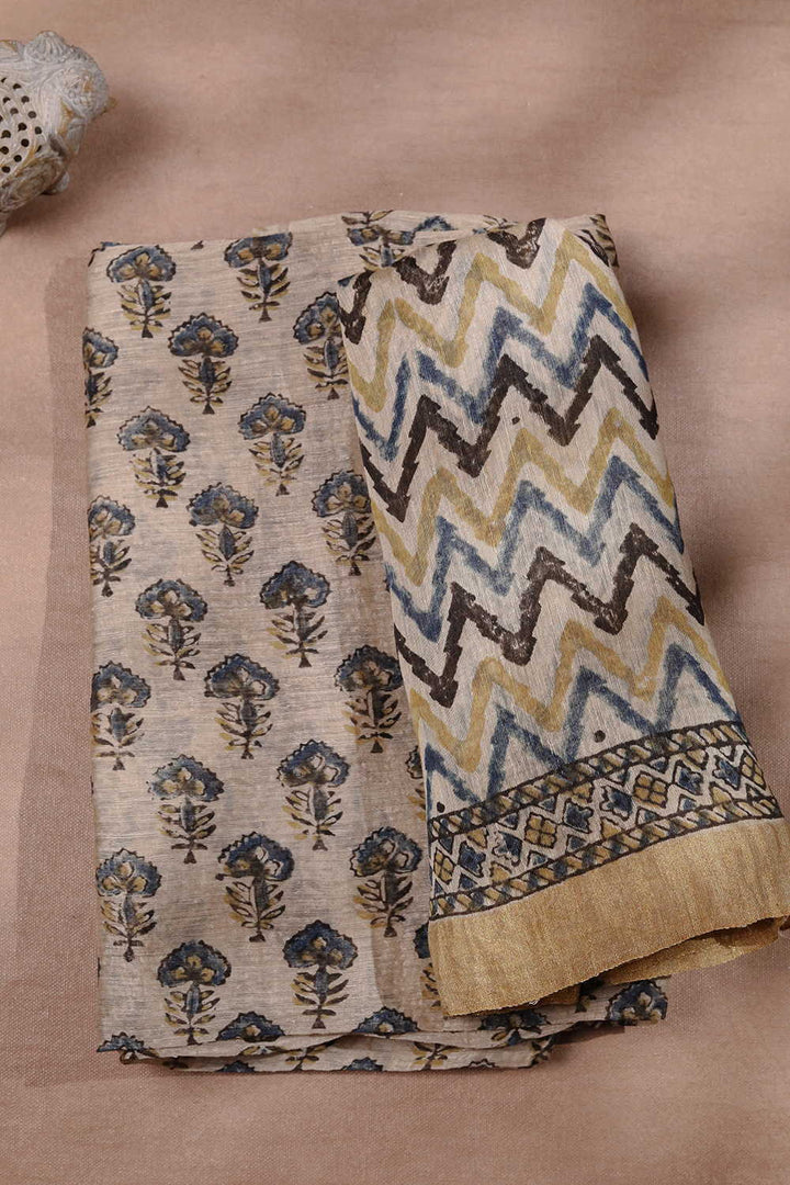 Indigo Florets on Cream Ajrak Linen Top & Dupatta