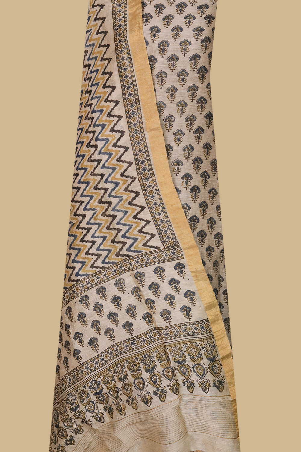 Indigo Florets on Cream Ajrak Linen Top & Dupatta