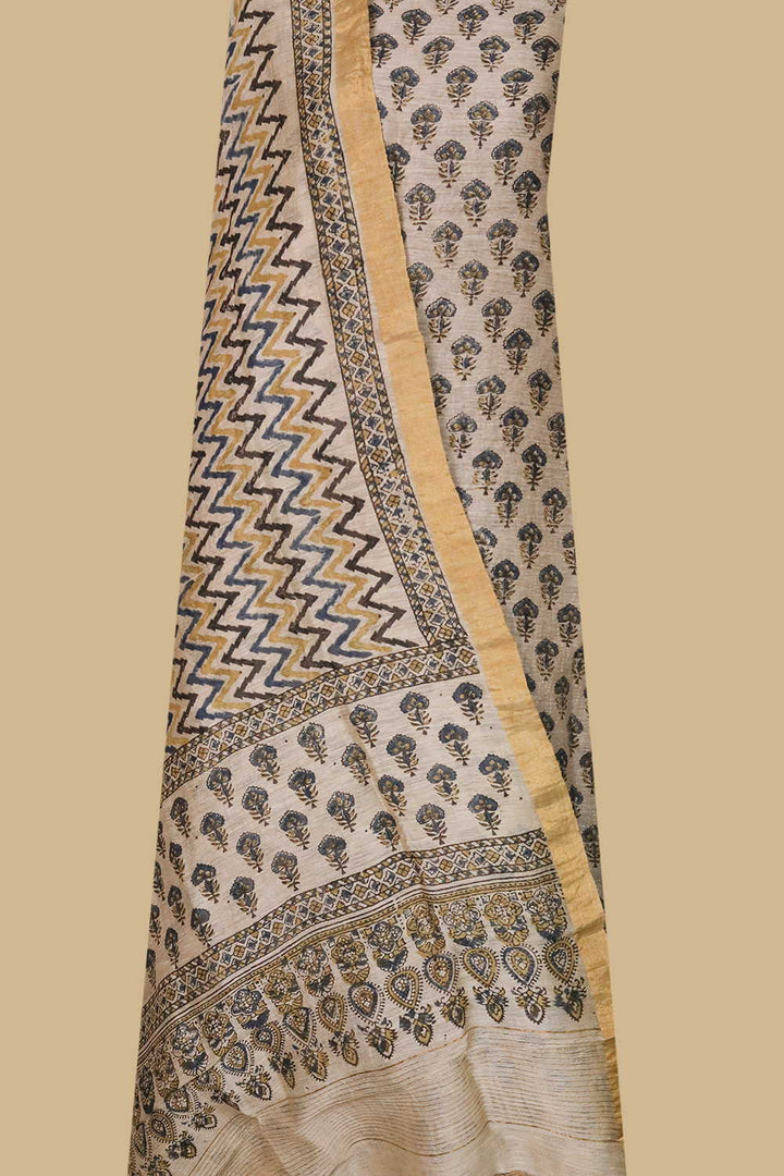 Indigo Florets on Cream Ajrak Linen Top & Dupatta