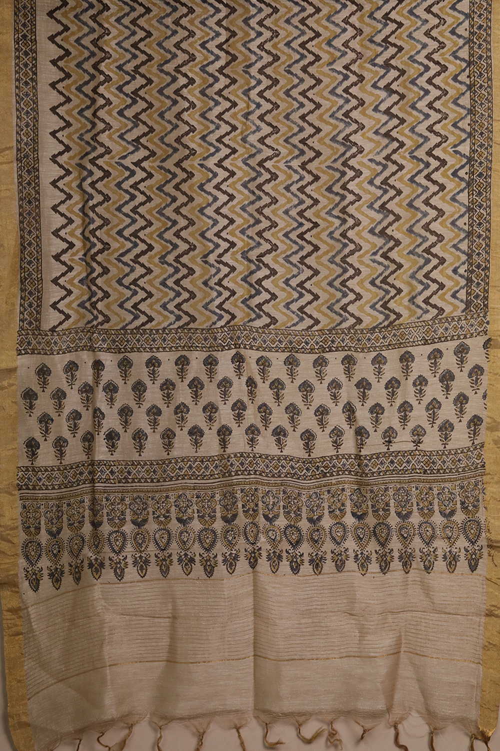 Indigo Florets on Cream Ajrak Linen Top & Dupatta