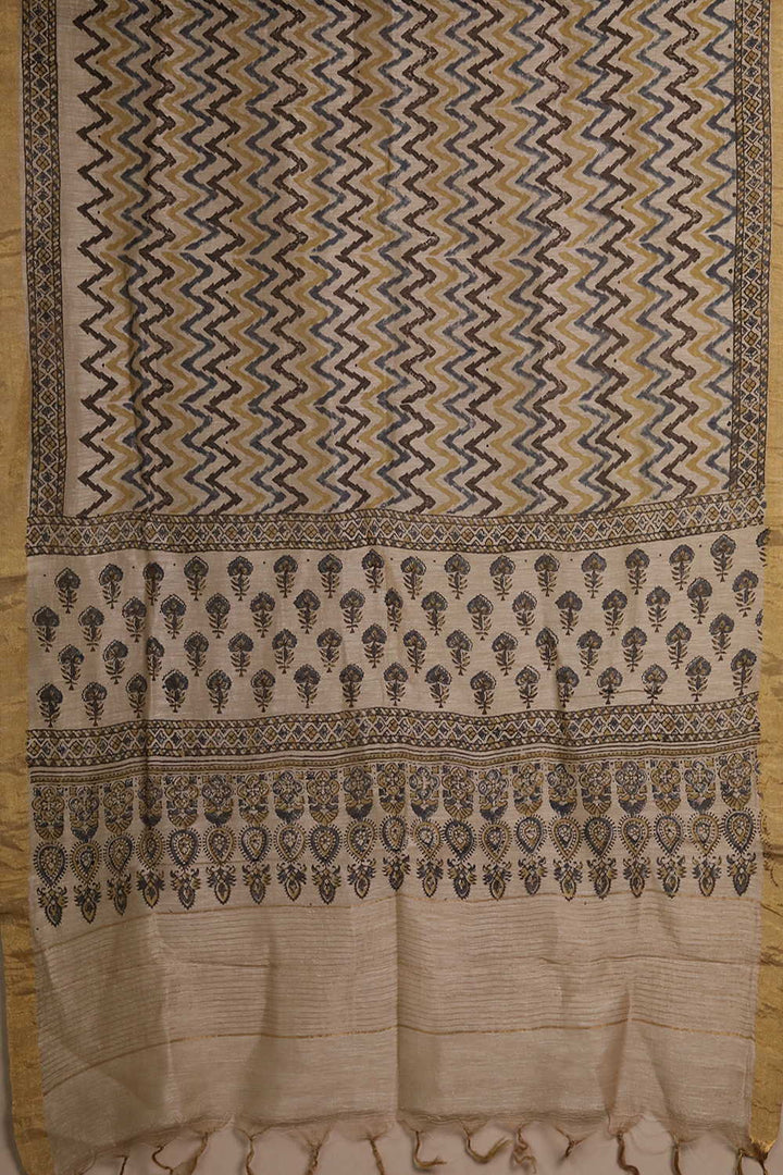 Indigo Florets on Cream Ajrak Linen Top & Dupatta